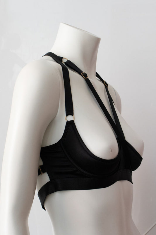 Strappy Black Quarter Cup Bra