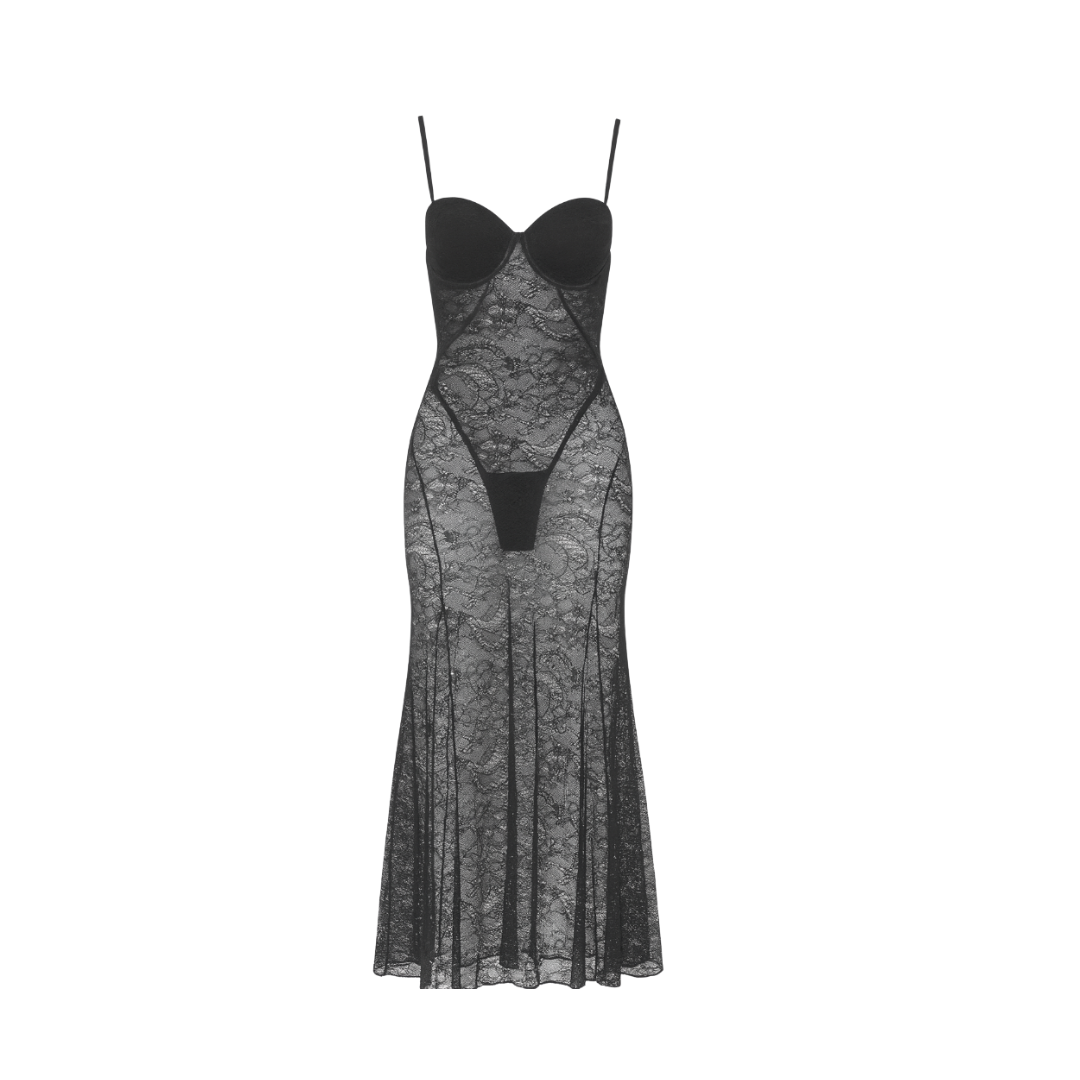 Sabine Lace Bodysuit Dress Black