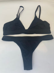 Bralette Crop G String & Suspender Set Black