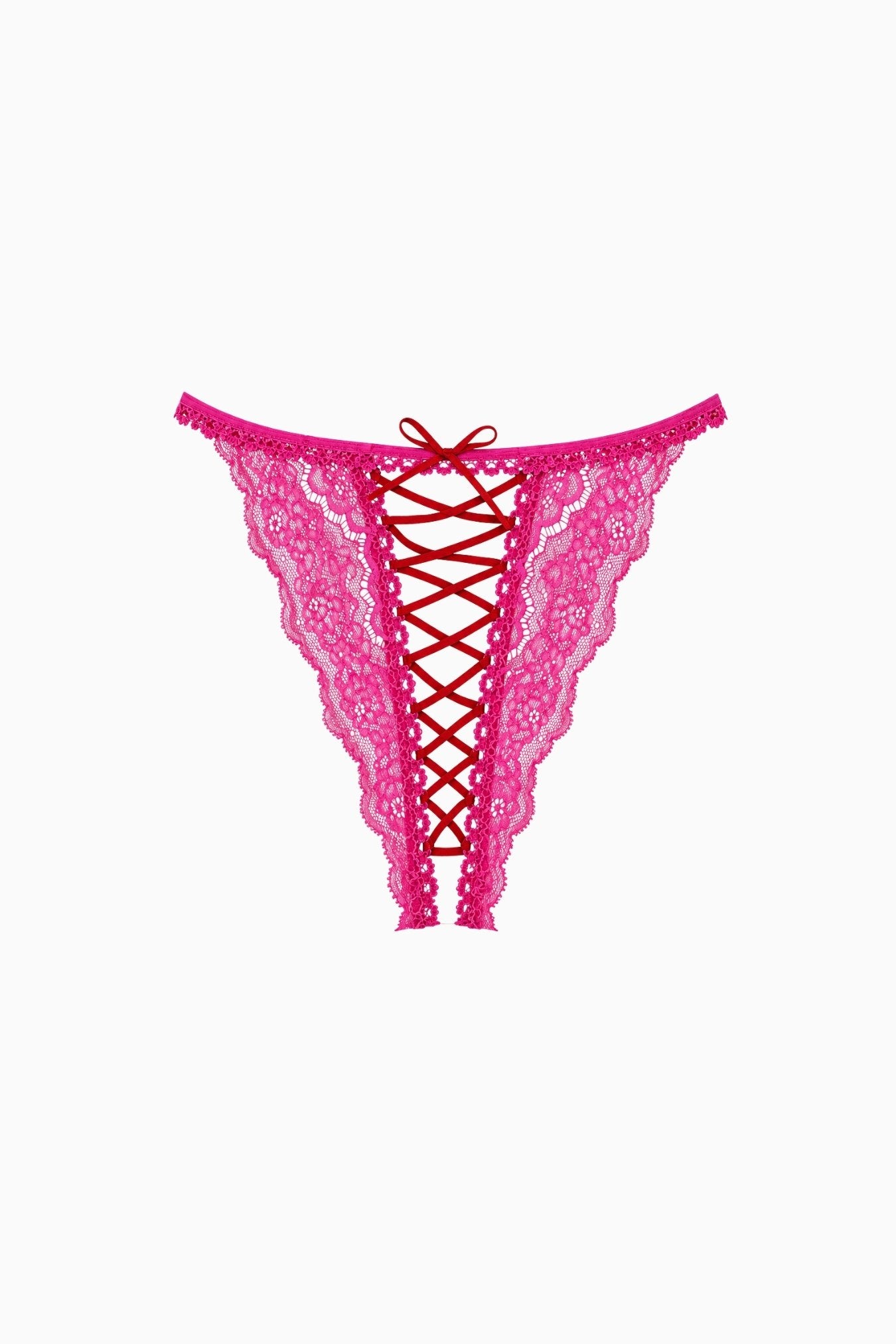 Crotchless Criss-Cross Lace G-String Pink Red – Size S | Archive Sample
