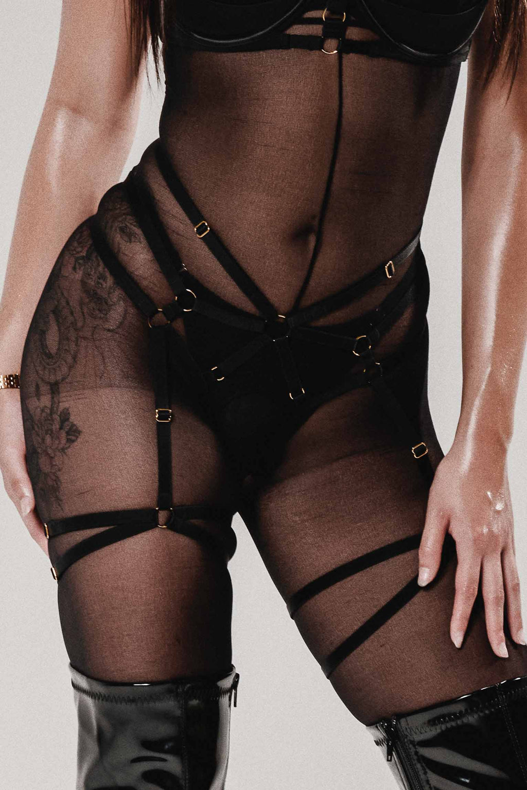 Addict Bondage Lingerie Set Black | Open Bra & Harness G-String | 30% OFF