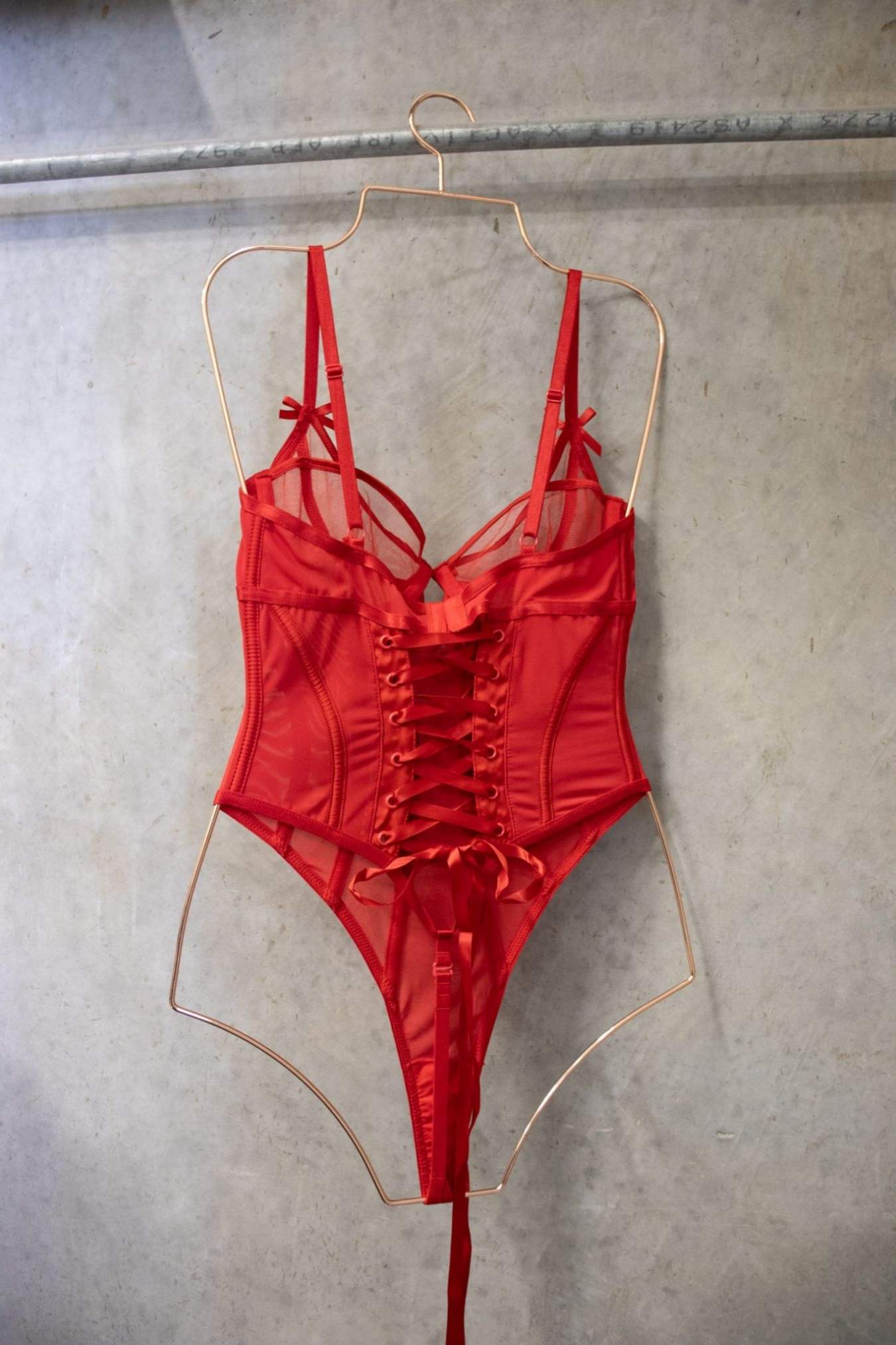 Red Satin Mesh Corset Bodysuit – Size S | Archive Sample