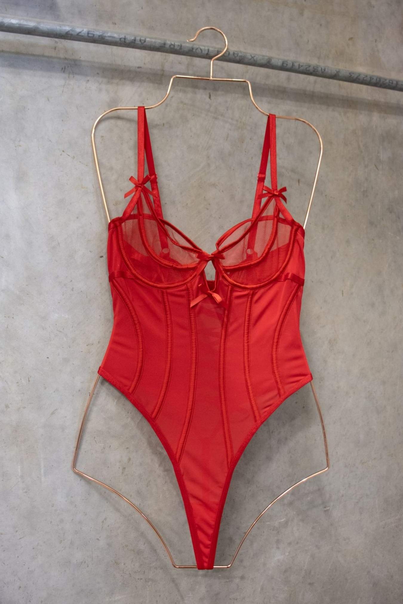 Red Satin Mesh Corset Bodysuit – Size S | Archive Sample