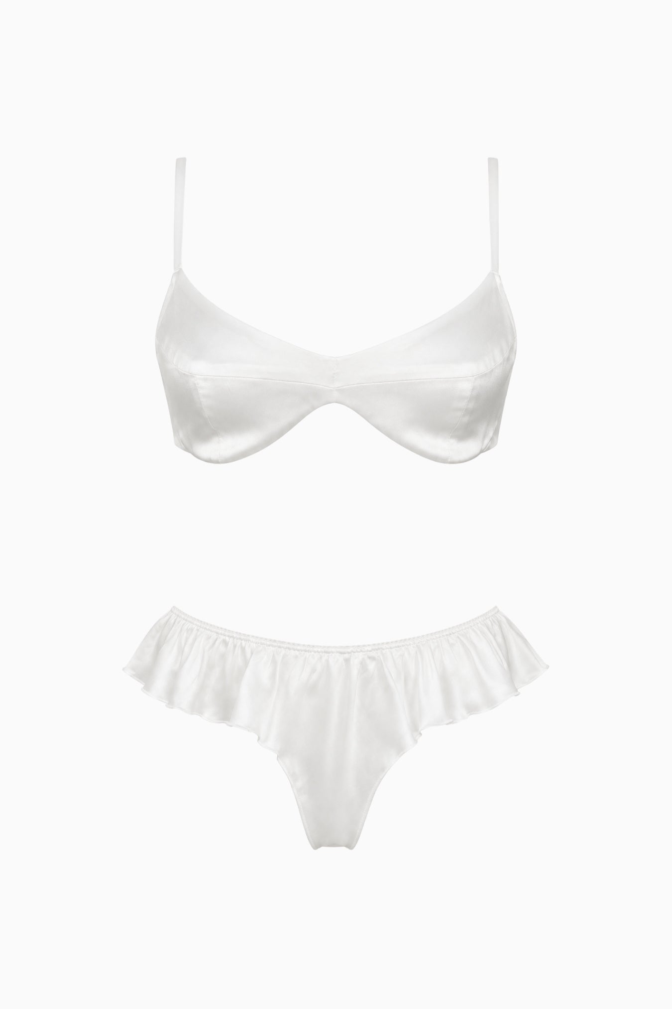 Silk Bralette & Ruffle G-String Set White – Size S | Archive Sample