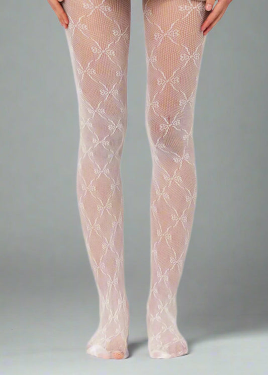 Pantyhose Fishnet Bow Print White