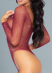 Bodysuit Fishnet Rhinestone Burgundy
